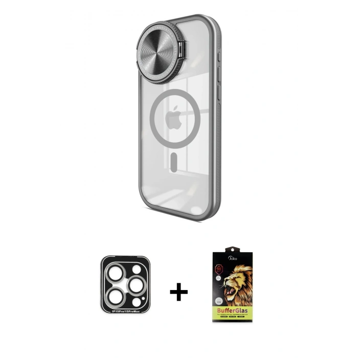 MARSİLYAN™- iPhone 15 Pro Max Kılıf Kıvılcım Modern Koleksiyonu - Siyah Buffer Cam Ekran Koruyucu + PVD Metal Kamera Lens - GS