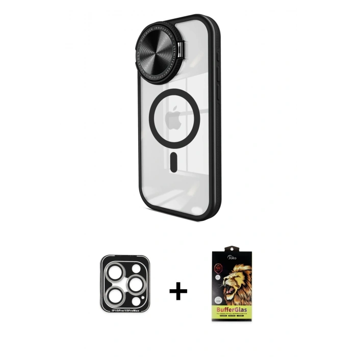 MARSİLYAN™- iPhone 15 Pro Max Kılıf Kıvılcım Modern Koleksiyonu - Siyah Buffer Cam Ekran Koruyucu + PVD Metal Kamera Lens - GS