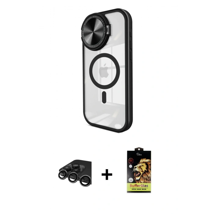 MARSİLYAN™- iPhone 15 Pro Max Kılıf Kıvılcım Modern Koleksiyonu - Siyah Buffer Cam Ekran Koruyucu + Raze Metal Kamera Lens - TMGI