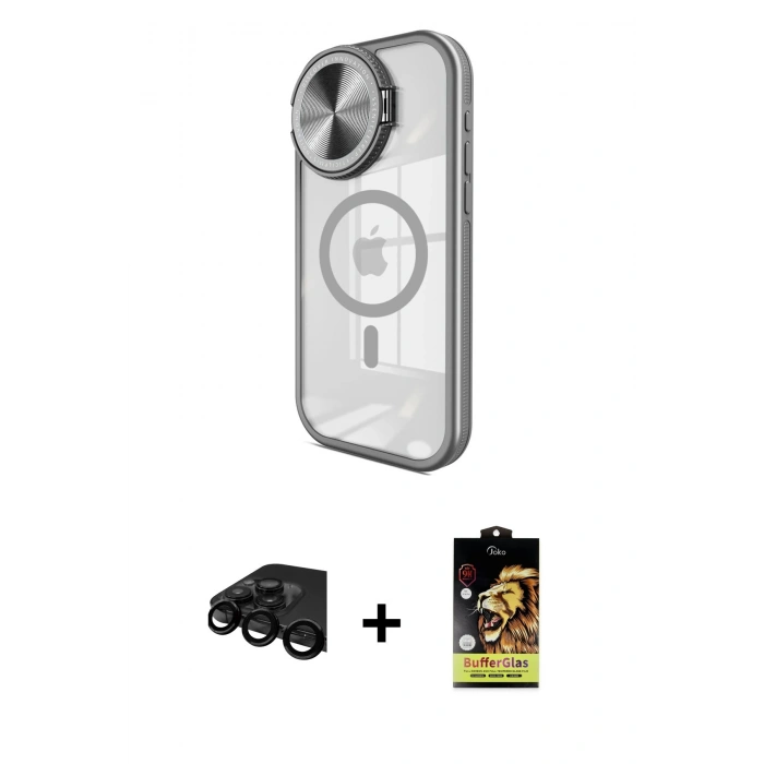 MARSİLYAN™- iPhone 15 Pro Max Kılıf Kıvılcım Modern Koleksiyonu - Siyah Buffer Cam Ekran Koruyucu + Raze Metal Kamera Lens - SH