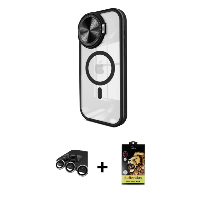 MARSİLYAN™- iPhone 15 Pro Max Kılıf Kıvılcım Modern Koleksiyonu - Siyah Buffer Cam Ekran Koruyucu + Raze Metal Kamera Lens - GS