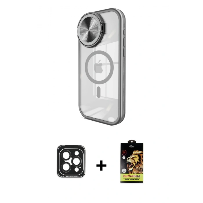 MARSİLYAN™- iPhone 15 Pro Max Kılıf Kıvılcım Modern Koleksiyonu - Siyah Buffer Cam Ekran Koruyucu + PVD Metal Kamera Lens - SH