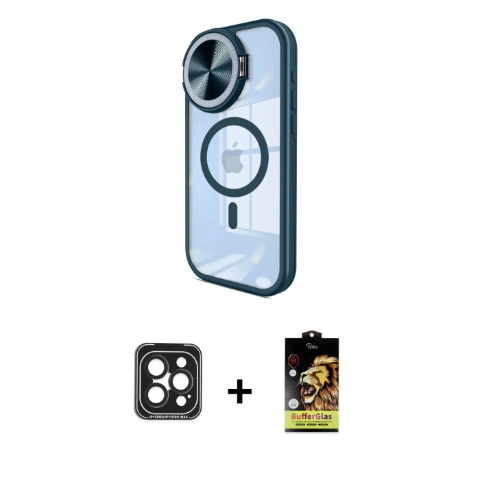 MARSİLYAN™- iPhone 15 Pro Max Kılıf Kıvılcım Modern Koleksiyonu - Siyah Buffer Cam Ekran Koruyucu + PVD Metal Kamera Lens - SH