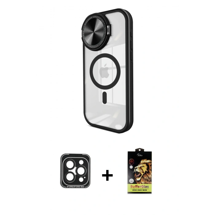 MARSİLYAN™- iPhone 15 Pro Max Kılıf Kıvılcım Modern Koleksiyonu - Siyah Buffer Cam Ekran Koruyucu + PVD Metal Kamera Lens - SH