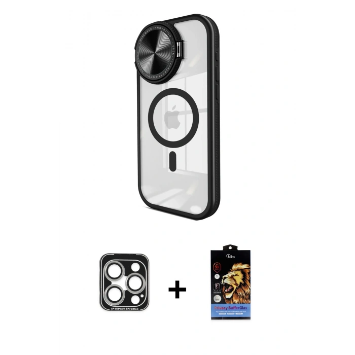 MARSİLYAN™- iPhone 15 Pro Max Kılıf Kıvılcım Modern Koleksiyonu - Siyah Buffer Hayalet Cam Ekran Koruyucu + PVD Metal Kamera Lens - GS