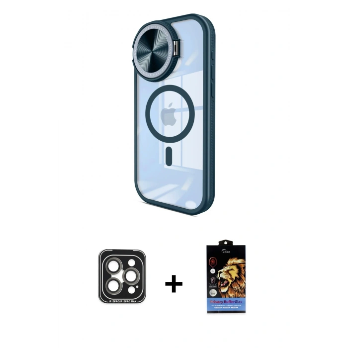MARSİLYAN™- iPhone 15 Pro Max Kılıf Kıvılcım Modern Koleksiyonu - Siyah Buffer Hayalet Cam Ekran Koruyucu + PVD Metal Kamera Lens - GI