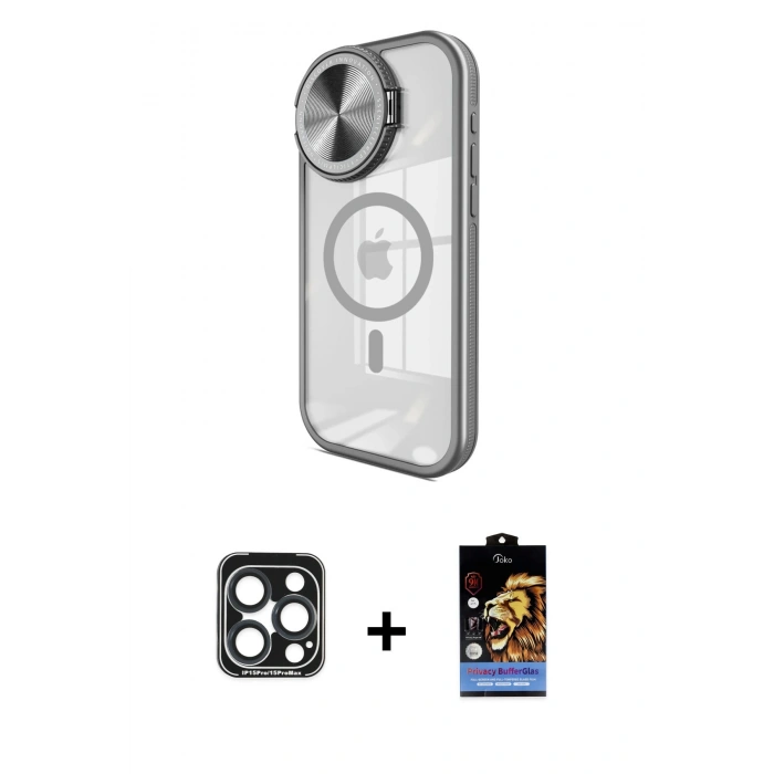 MARSİLYAN™- iPhone 15 Pro Max Kılıf Kıvılcım Modern Koleksiyonu - Siyah Buffer Hayalet Cam Ekran Koruyucu + PVD Metal Kamera Lens - LT