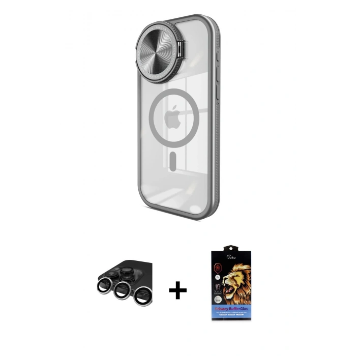 MARSİLYAN™- iPhone 15 Pro Max Kılıf Kıvılcım Modern Koleksiyonu - Siyah Buffer Hayalet Cam Ekran Koruyucu + Raze Metal Kamera Lens - GS