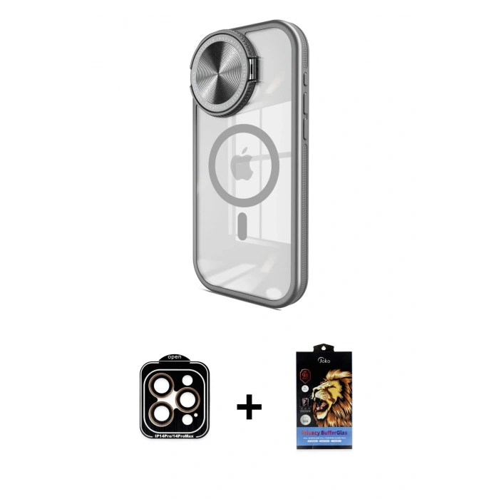 MARSİLYAN™- iPhone 15 Pro Max Kılıf Kıvılcım Modern Koleksiyonu - Siyah Buffer Hayalet Cam Ekran Koruyucu + PVD Metal Kamera Lens - TU