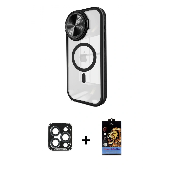 MARSİLYAN™- iPhone 15 Pro Max Kılıf Kıvılcım Modern Koleksiyonu - Siyah Buffer Hayalet Cam Ekran Koruyucu + PVD Metal Kamera Lens - LT