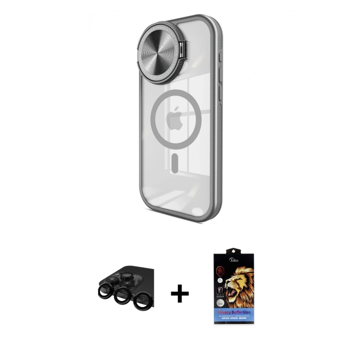 MARSİLYAN™- iPhone 15 Pro Max Kılıf Kıvılcım Modern Koleksiyonu - Siyah Buffer Hayalet Cam Ekran Koruyucu + Siyah Raze Metal Kamera Lens