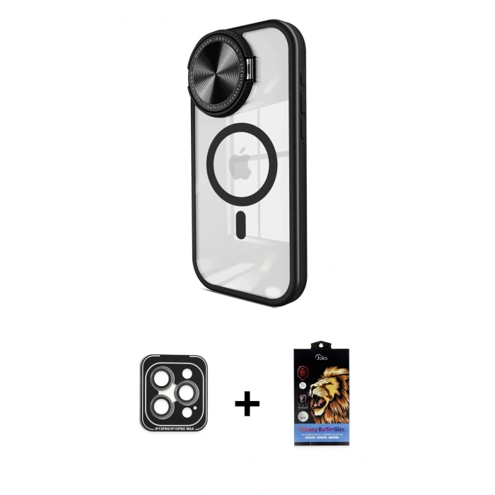 MARSİLYAN™- iPhone 15 Pro Max Kılıf Kıvılcım Modern Koleksiyonu - Siyah Buffer Hayalet Cam Ekran Koruyucu + PVD Metal Kamera Lens - GI