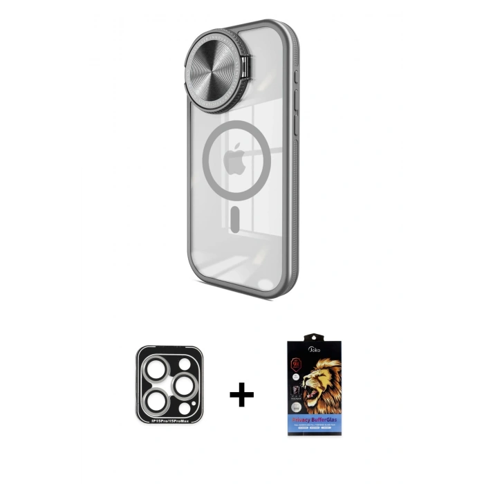 MARSİLYAN™- iPhone 15 Pro Max Kılıf Kıvılcım Modern Koleksiyonu - Siyah Buffer Hayalet Cam Ekran Koruyucu + PVD Metal Kamera Lens - GS