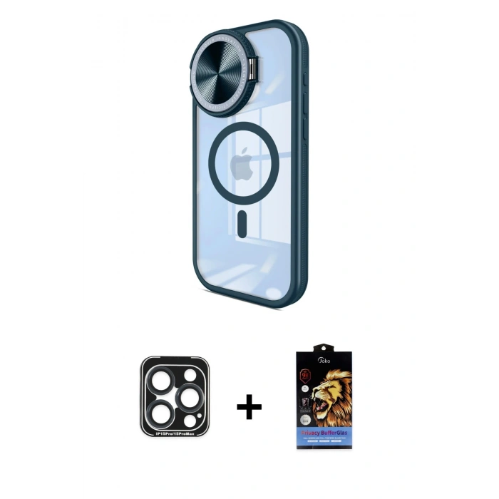 MARSİLYAN™- iPhone 15 Pro Max Kılıf Kıvılcım Modern Koleksiyonu - Siyah Buffer Hayalet Cam Ekran Koruyucu + PVD Metal Kamera Lens - LT