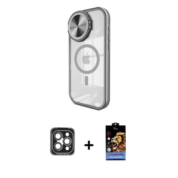 MARSİLYAN™- iPhone 15 Pro Max Kılıf Kıvılcım Modern Koleksiyonu - Siyah Buffer Hayalet Cam Ekran Koruyucu + PVD Metal Kamera Lens - GI