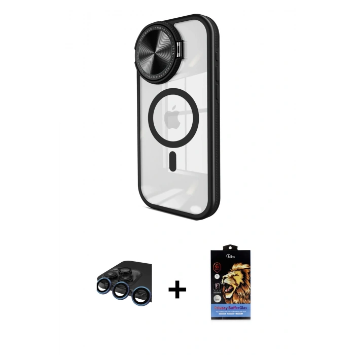 MARSİLYAN™- iPhone 15 Pro Max Kılıf Kıvılcım Modern Koleksiyonu - Siyah Buffer Hayalet Cam Ekran Koruyucu + Raze Metal Kamera Lens - LT