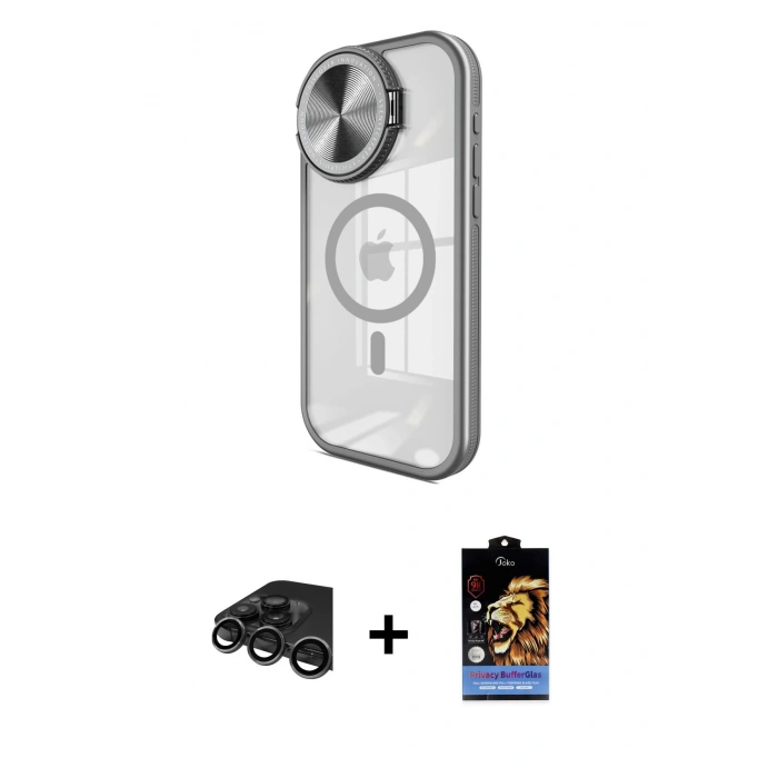 MARSİLYAN™- iPhone 15 Pro Max Kılıf Kıvılcım Modern Koleksiyonu - Siyah Buffer Hayalet Cam Ekran Koruyucu + Raze Metal Kamera Lens - TMGI