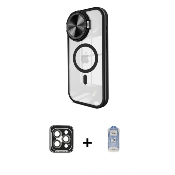 MARSİLYAN™- iPhone 15 Pro Max Kılıf Kıvılcım Modern Koleksiyonu - Siyah Joko Magic 5D Cam + PVD Metal Kamera Lens - GI
