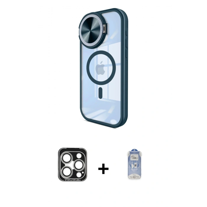 MARSİLYAN™- iPhone 15 Pro Max Kılıf Kıvılcım Modern Koleksiyonu - Siyah Joko Magic 5D Cam + Gümüş PVD Metal Kamera Lens
