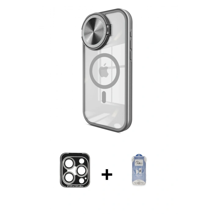 MARSİLYAN™- iPhone 15 Pro Max Kılıf Kıvılcım Modern Koleksiyonu - Siyah Joko Magic 5D Cam + Gümüş PVD Metal Kamera Lens