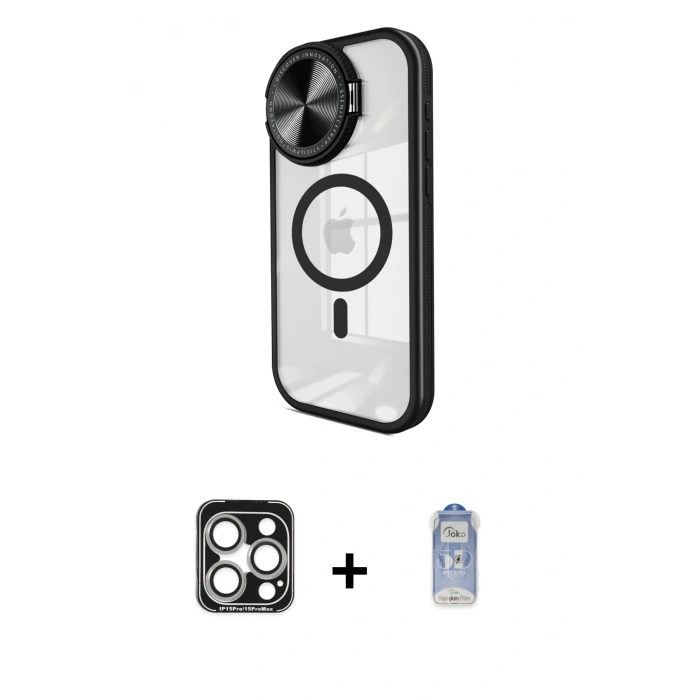 MARSİLYAN™- iPhone 15 Pro Max Kılıf Kıvılcım Modern Koleksiyonu - Siyah Joko Magic 5D Cam + Gümüş PVD Metal Kamera Lens