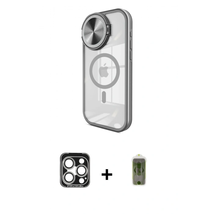 MARSİLYAN™- iPhone 15 Pro Max Kılıf Kıvılcım Modern Koleksiyonu - Siyah Joko Magic 5D Hayalet Cam + PVD Metal Kamera Lens - GS