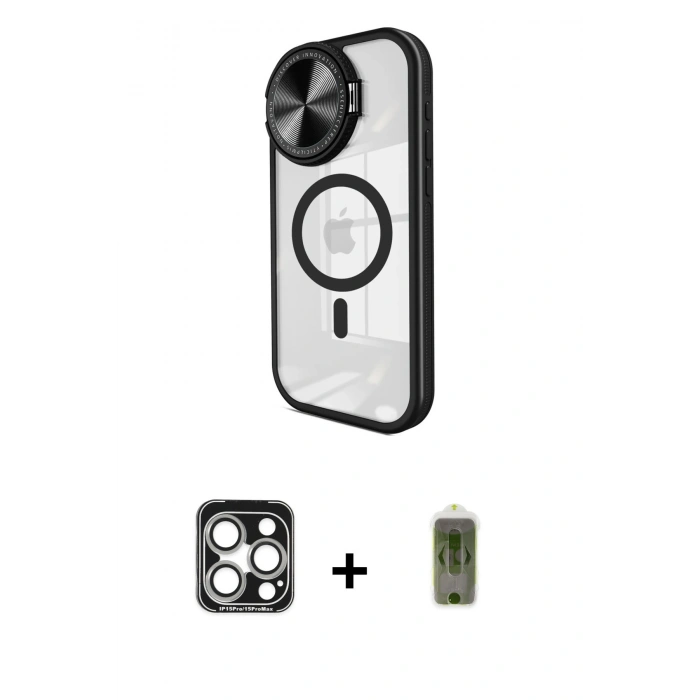 MARSİLYAN™- iPhone 15 Pro Max Kılıf Kıvılcım Modern Koleksiyonu - Siyah Joko Magic 5D Hayalet Cam + PVD Metal Kamera Lens - GS