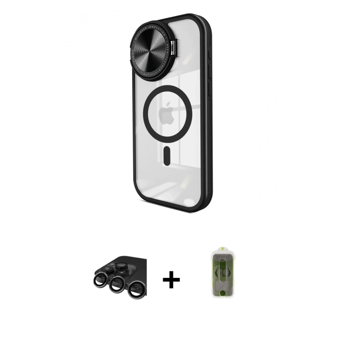 MARSİLYAN™- iPhone 15 Pro Max Kılıf Kıvılcım Modern Koleksiyonu - Siyah Joko Magic 5D Hayalet Cam + Titanyum Gri Raze Metal Kamera Lens