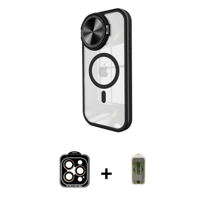 MARSİLYAN™- iPhone 15 Pro Max Kılıf Kıvılcım Modern Koleksiyonu - Siyah Joko Magic 5D Hayalet Cam + Turuncu PVD Metal Kamera Lens