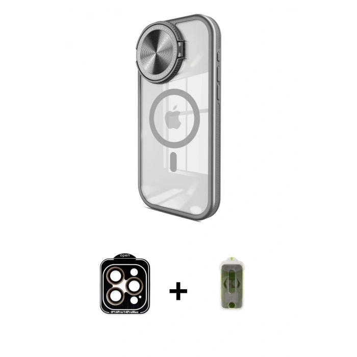 MARSİLYAN™- iPhone 15 Pro Max Kılıf Kıvılcım Modern Koleksiyonu - Siyah Joko Magic 5D Hayalet Cam + Turuncu PVD Metal Kamera Lens