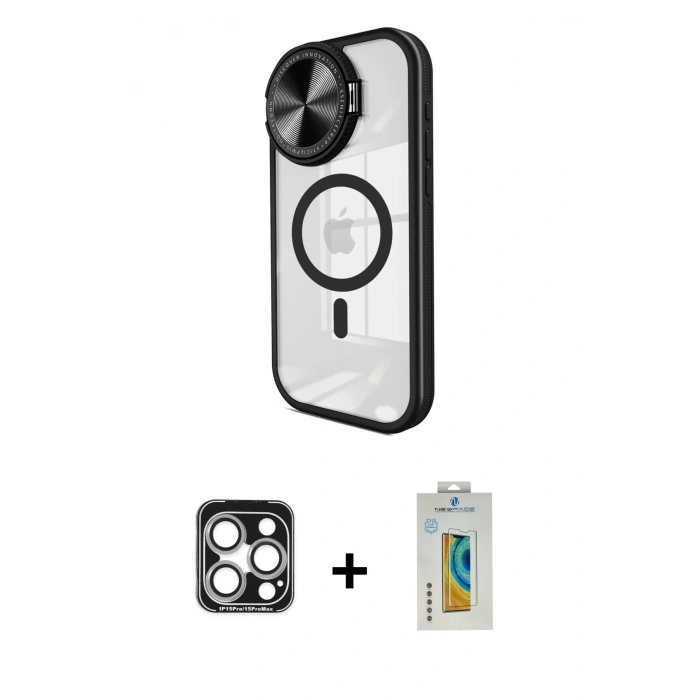 MARSİLYAN™- iPhone 15 Pro Max Kılıf Kıvılcım Modern Koleksiyonu - Siyah Polymer Nano Ekran Koruyucu + PVD Metal Kamera Lens - GS
