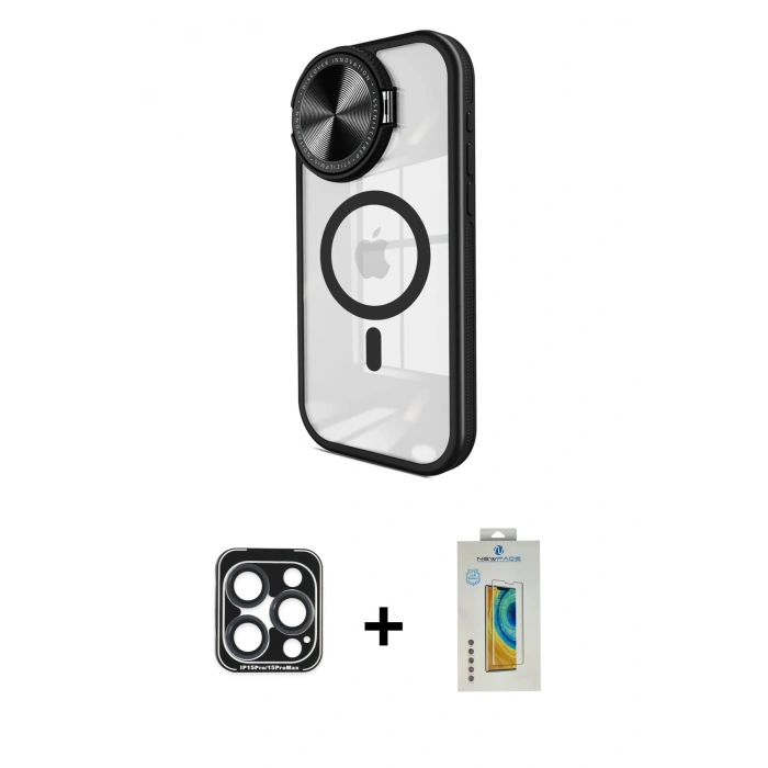 MARSİLYAN™- iPhone 15 Pro Max Kılıf Kıvılcım Modern Koleksiyonu - Siyah Polymer Nano Ekran Koruyucu + PVD Metal Kamera Lens - LT