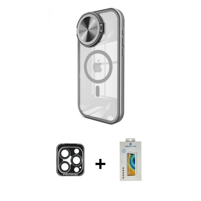 MARSİLYAN™- iPhone 15 Pro Max Kılıf Kıvılcım Modern Koleksiyonu - Siyah Polymer Nano Ekran Koruyucu + PVD Metal Kamera Lens - LT