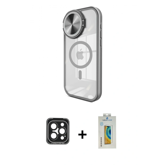 MARSİLYAN™- iPhone 15 Pro Max Kılıf Kıvılcım Modern Koleksiyonu - Siyah Polymer Nano Ekran Koruyucu + PVD Metal Kamera Lens - SH