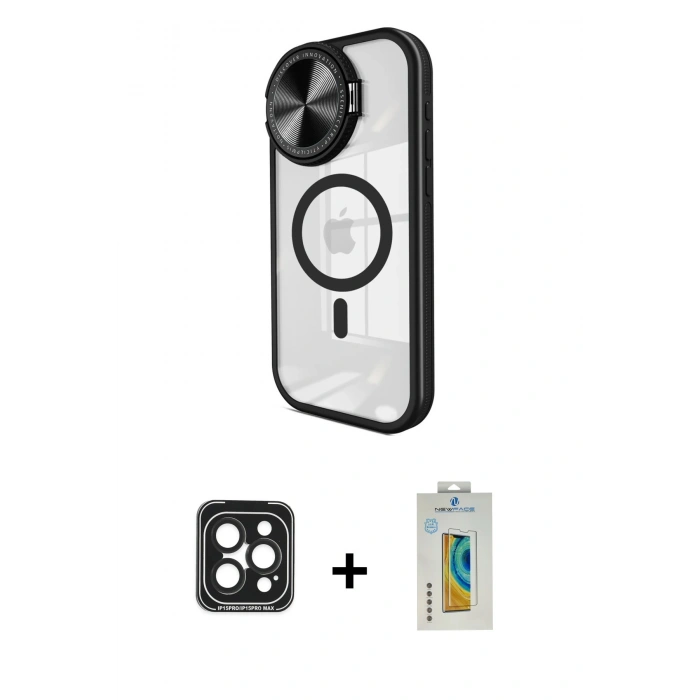 MARSİLYAN™- iPhone 15 Pro Max Kılıf Kıvılcım Modern Koleksiyonu - Siyah Polymer Nano Ekran Koruyucu + PVD Metal Kamera Lens - SH
