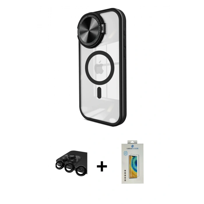MARSİLYAN™- iPhone 15 Pro Max Kılıf Kıvılcım Modern Koleksiyonu - Siyah Polymer Nano Ekran Koruyucu + Raze Metal Kamera Lens - SH