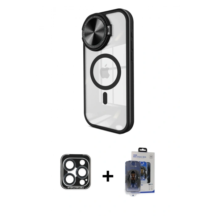 MARSİLYAN™- iPhone 15 Pro Max Kılıf Kıvılcım Modern Koleksiyonu - Siyah Vanessa Magic Cam + PVD Metal Kamera Lens - LT