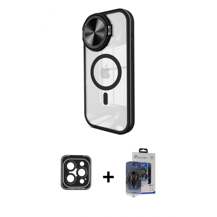 MARSİLYAN™- iPhone 15 Pro Max Kılıf Kıvılcım Modern Koleksiyonu - Siyah Vanessa Magic Cam + PVD Metal Kamera Lens - SH