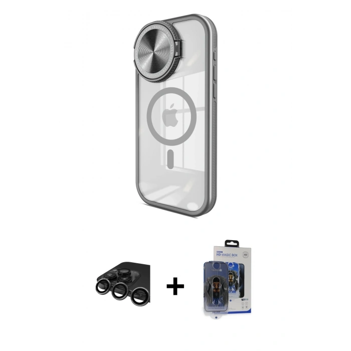 MARSİLYAN™- iPhone 15 Pro Max Kılıf Kıvılcım Modern Koleksiyonu - Siyah Vanessa Magic Cam + Titanyum Gri Raze Metal Kamera Lens