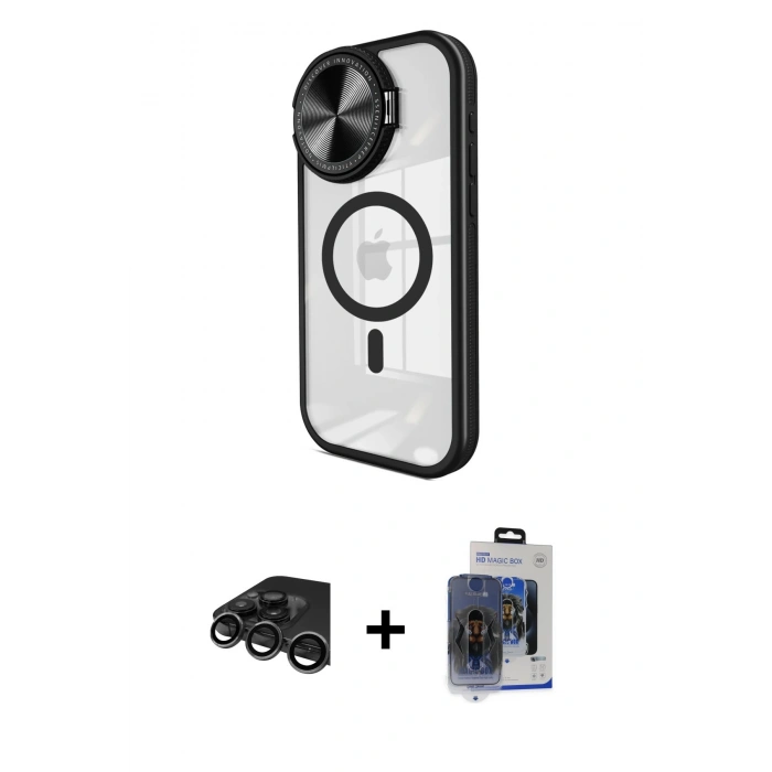 MARSİLYAN™- iPhone 15 Pro Max Kılıf Kıvılcım Modern Koleksiyonu - Siyah Vanessa Magic Cam + Titanyum Gri Raze Metal Kamera Lens
