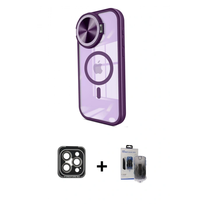 MARSİLYAN™- iPhone 15 Pro Max Kılıf Kıvılcım Modern Koleksiyonu - Siyah Vanessa Magic Hayalet Cam + Gri PVD Metal Kamera Lens