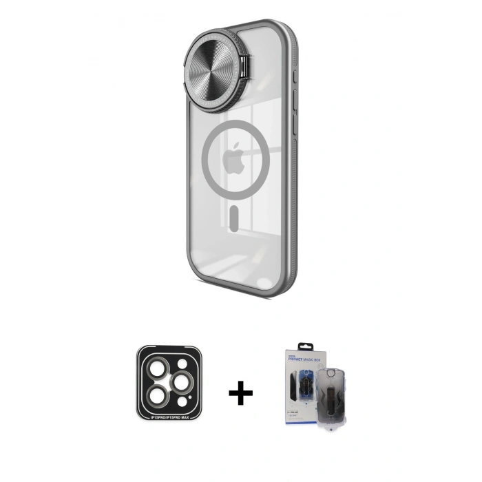 MARSİLYAN™- iPhone 15 Pro Max Kılıf Kıvılcım Modern Koleksiyonu - Siyah Vanessa Magic Hayalet Cam + Gri PVD Metal Kamera Lens