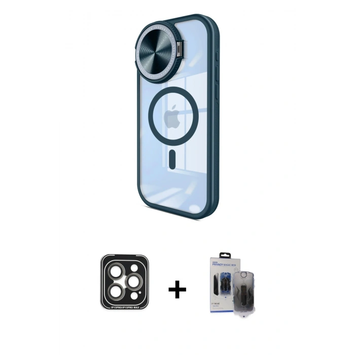 MARSİLYAN™- iPhone 15 Pro Max Kılıf Kıvılcım Modern Koleksiyonu - Siyah Vanessa Magic Hayalet Cam + Gri PVD Metal Kamera Lens