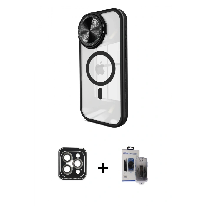 MARSİLYAN™- iPhone 15 Pro Max Kılıf Kıvılcım Modern Koleksiyonu - Siyah Vanessa Magic Hayalet Cam + Gri PVD Metal Kamera Lens