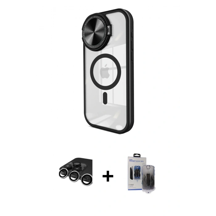 MARSİLYAN™- iPhone 15 Pro Max Kılıf Kıvılcım Modern Koleksiyonu - Siyah Vanessa Magic Hayalet Cam + Raze Metal Kamera Lens - GS