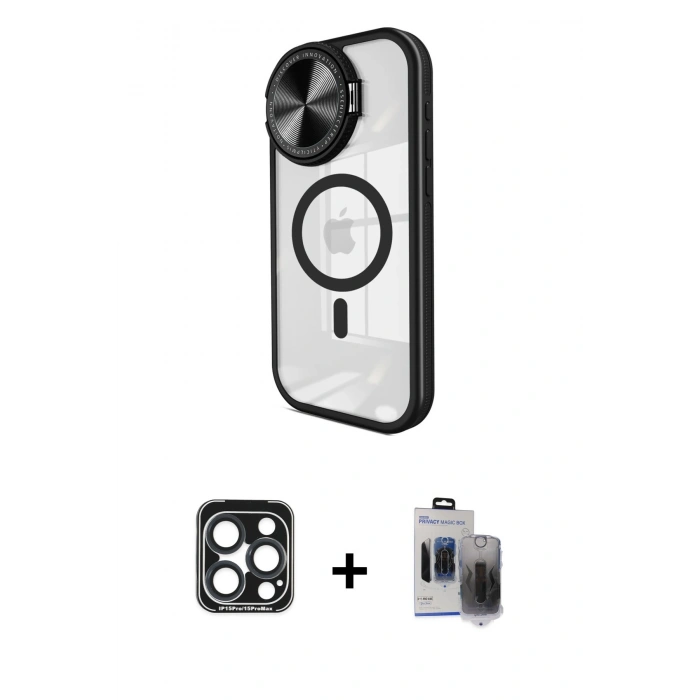 MARSİLYAN™- iPhone 15 Pro Max Kılıf Kıvılcım Modern Koleksiyonu - Siyah Vanessa Magic Hayalet Cam + PVD Metal Kamera Lens - LT
