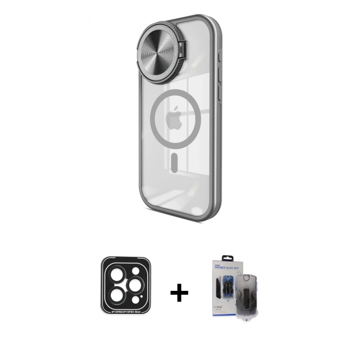 MARSİLYAN™- iPhone 15 Pro Max Kılıf Kıvılcım Modern Koleksiyonu - Siyah Vanessa Magic Hayalet Cam + PVD Metal Kamera Lens - SH