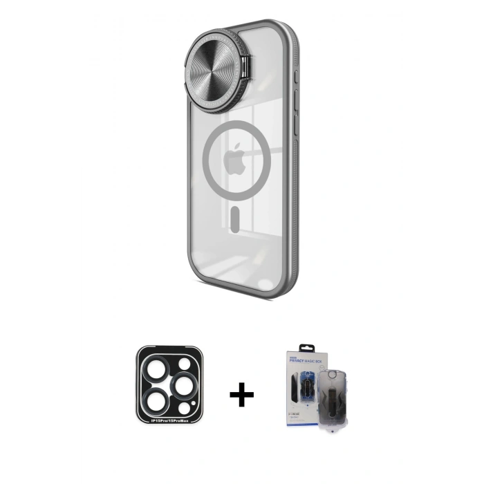 MARSİLYAN™- iPhone 15 Pro Max Kılıf Kıvılcım Modern Koleksiyonu - Siyah Vanessa Magic Hayalet Cam + PVD Metal Kamera Lens - LT