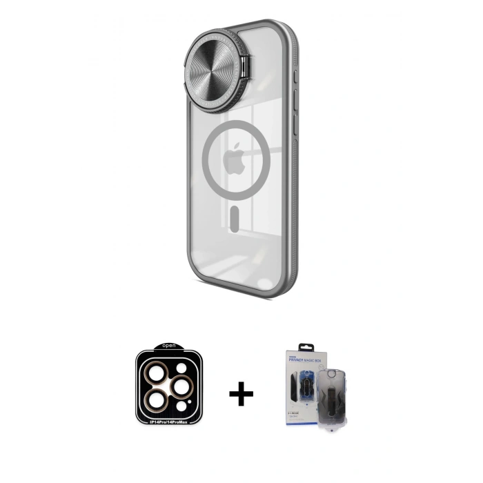 MARSİLYAN™- iPhone 15 Pro Max Kılıf Kıvılcım Modern Koleksiyonu - Siyah Vanessa Magic Hayalet Cam + PVD Metal Kamera Lens - TU