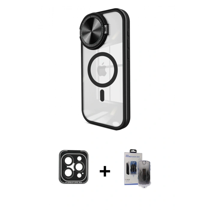 MARSİLYAN™- iPhone 15 Pro Max Kılıf Kıvılcım Modern Koleksiyonu - Siyah Vanessa Magic Hayalet Cam + PVD Metal Kamera Lens - SH